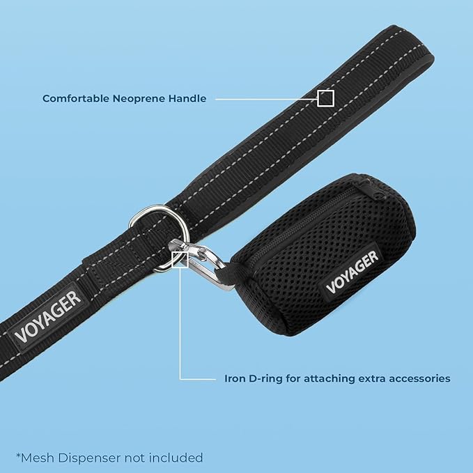Voyager Reflective Dog Leash Collar Set with Neoprene Handle Supports Small, Medium, and Large Breed Puppies, Cute and Heavy Duty for Walking, Running, and Training - Black, S