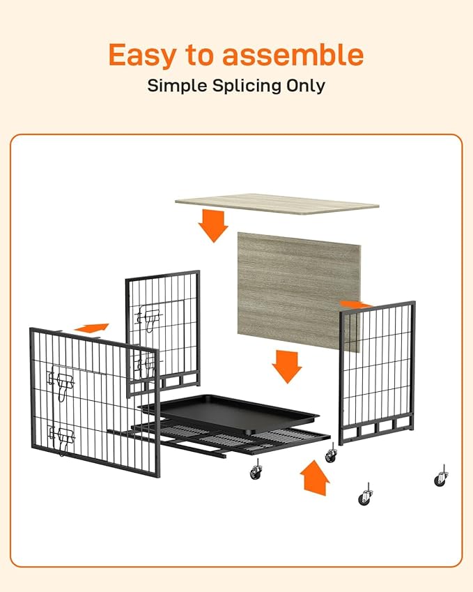 Dog Crate Furniture, 32.5" Wooden Dog Kennel Indoor, Double Doors Dog Cage with Removable Tray, Wheels, Large Dog Crate End Table for Medium/Large Dogs, Grey