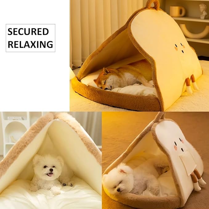 Portable Pet Cave for Puppy Kitten Cute Toast Design for Small Pets Cosy Cuddler (L: up to 11lbs)
