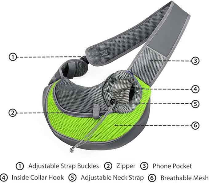 Pet Dog Sling Carrier,Cat and Dog Travel Portable Diagonal Straddle Shoulder Bag,Breathable mesh pet Sling Shoulder Bag,with Adjustable Non-Slip Shoulder Strap Below 10lb for Small Dogs Cats (Green)