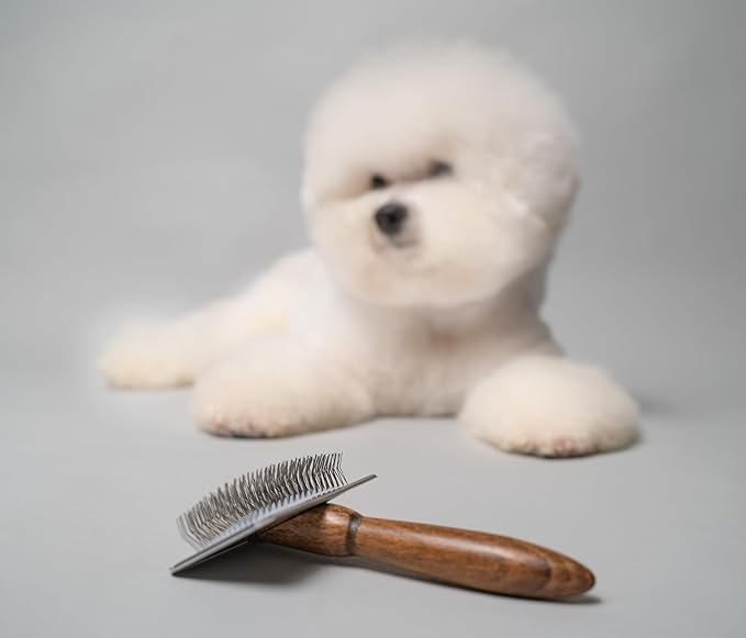TAURO PRO LINE Wooden Dog Brush for Shedding Long and Short Hair, Wooden Soft Slicker for Grooming Haired Dogs and Cats, Metal Teeth And Sleek Design, 4,72 x 3,54 inch, M, Brown