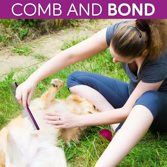 Pet Comb 10 inches Comfortable Grooming Comb with Different-Spaced Rounded Stainless Steel Teeth, Easy Grip and Convenient Grooming for Pets Dog Cat with Medium Coarse Fur - Purple
