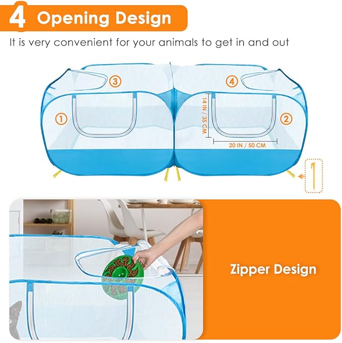 SlowTon Small Animals Playpen, Portable Large Chicken Run Coop with Breathable Transparent Mesh Walls Foldable Pet Cage Tent with 4 Zipper Doors for Puppy Rabbits Outdoor Yard (No Bottom)
