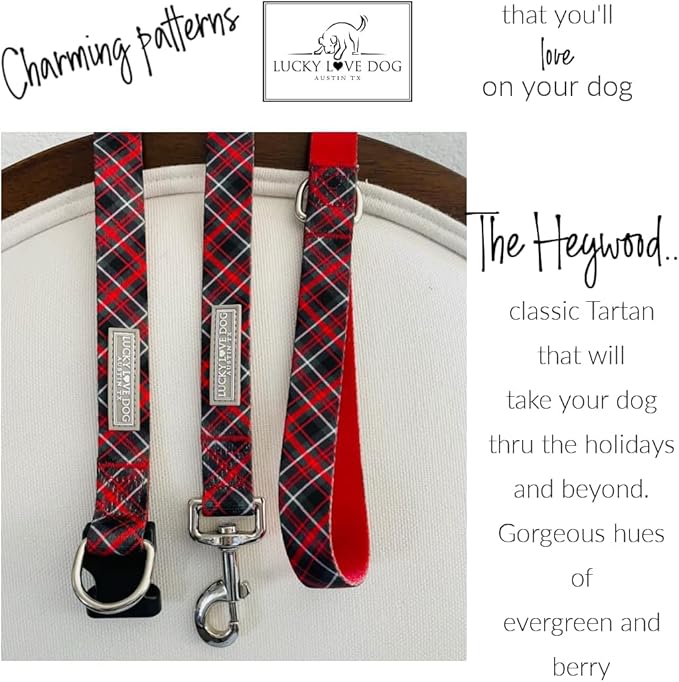 Lucky Love Dog, Evergreen No Slip Dog Collar and Leash Set, Vivid Berry Plaid Martingale Dog Collar for Boy and Girl Dogs - (Large, Heywood Martingale - Combo)