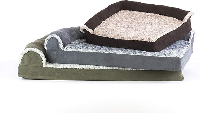 Furhaven Orthopedic Dog Bed for Medium/Small Dogs w/ Removable Bolsters & Washable Cover, For Dogs Up to 35 lbs - Two-Tone Plush Faux Fur & Suede L Shaped Chaise - Espresso, Medium,30"L x 20"W x 6"Th