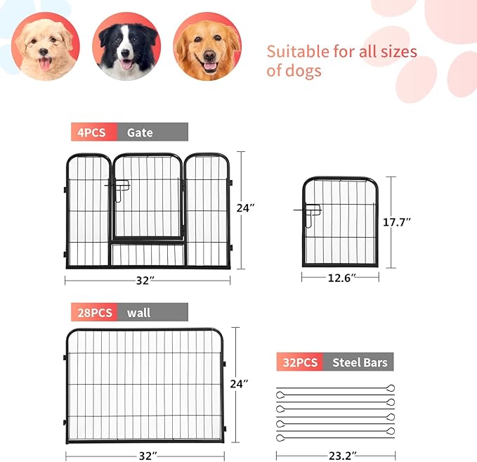 FDW Dog Playpen Dog Pen Dog Kennel 32 Panels 24 Inch Height Indoor Outdoor Folding Metal Portable Puppy Exercise Pen Heavy Duty Dog Fence for Yard Camping,Black