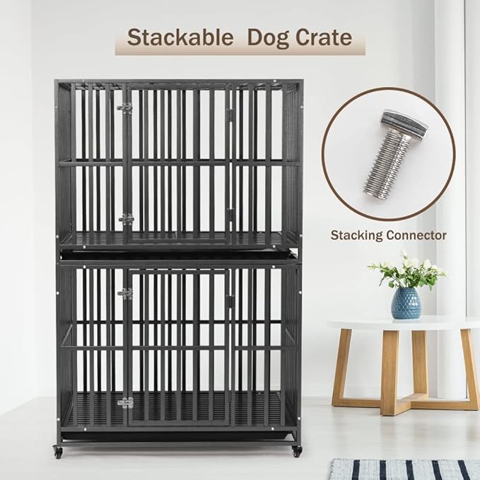 LUCKUP Heavy Duty Dog Crate-38 inch Large Metal Dog Cage with 2 Doors and 4 Wheels, Stackable Dog Kennel for Large & Medium Dogs, Removable Tray