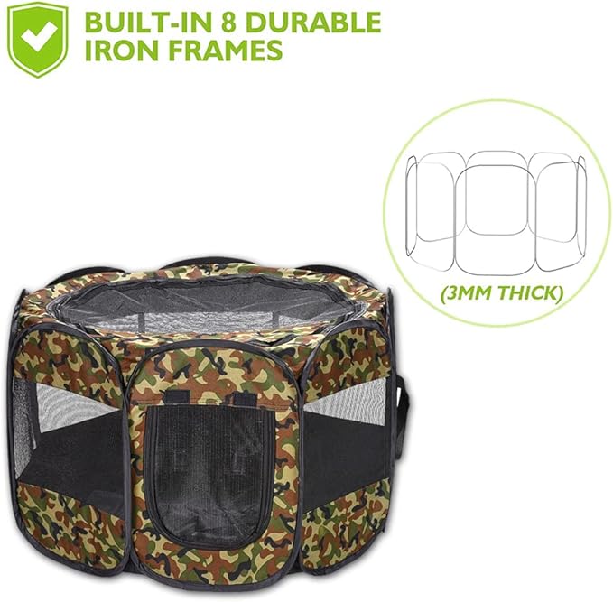 Foldable Pet Dog Playpen, Pop Up Portable Cat Playpen, Indoor/Outdoor for Kitten Puppy Play Pen, Cats Crate Cage Tent with Carrying Bag, 600D Oxford (Camo Green, Small (26"x26"x18"), 8)