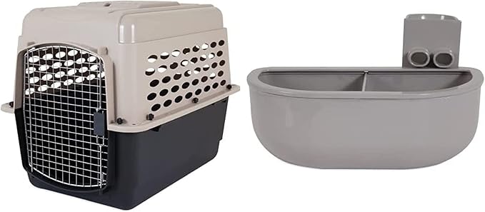 Petmate Vari Dog Kennel 32" and Petmate Double Diner Kennel Bowl, Gray, Small