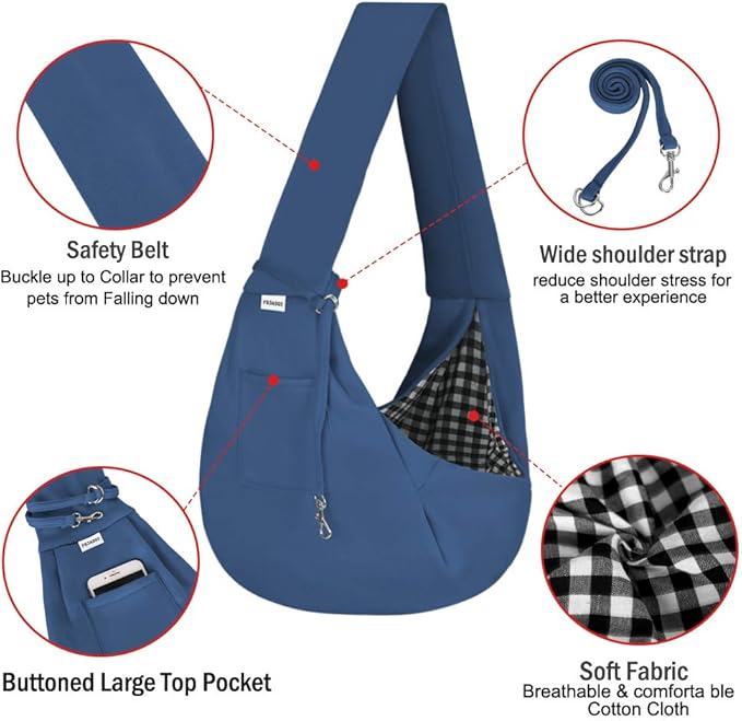 FDJASGY Small Pet Sling Carrier-Hands Free Reversible Pet Papoose Bag Tote Bag with a Pocket Safety Belt Dog Cat for Outdoor Travel Navy Blue