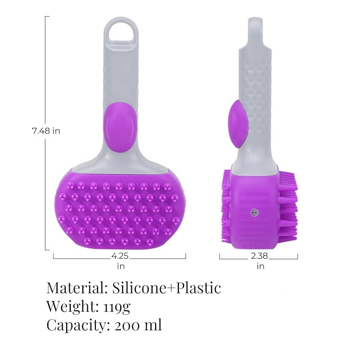QMEAKMONY Dog Bath Brush Shampoo Brush Scrubber for Bath with Soap Dispenser Soft Bristles Deep Cleaning Ergonomic Handle for Grooming Shedding and Long Short Haired Dogs (Purple)