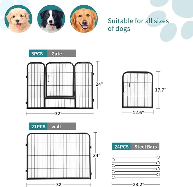 FDW Dog Playpen Dog Pen Dog Kennel 24 Panels 24 Inch Hight Indoor Outdoor Folding Metal Portable Puppy Exercise Pen Heavy Duty Dog Fence for Yard Camping,Black
