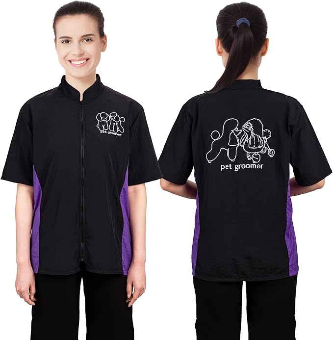 Noverlife Pet Grooming Workwear with Full Zipper, M Size, Anti-Static Pet Beautician Work Clothes, Lightweight Hair Repellent Shirt Style Pet Groomer Smock for Dog Cat Grooming Shop