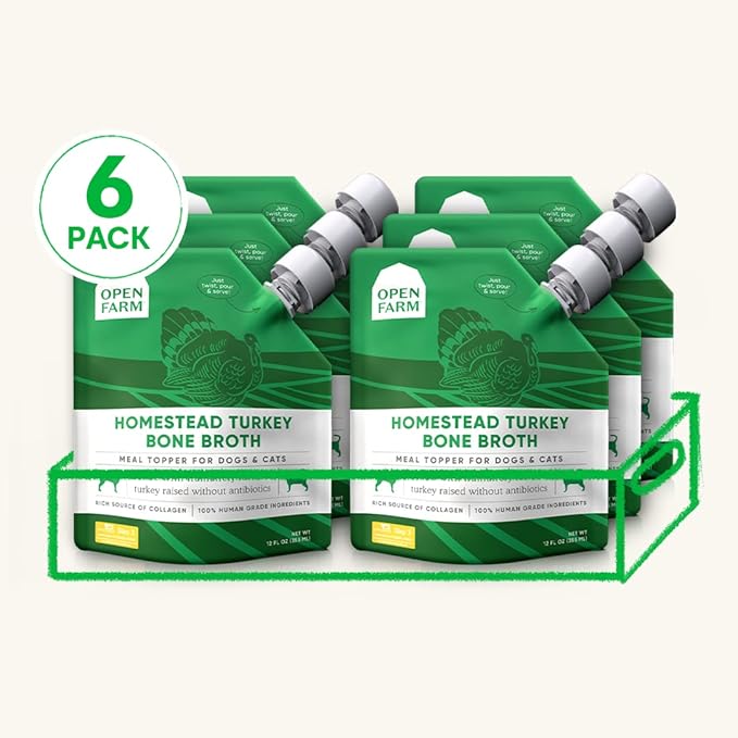 Open Farm Bone Broth, Food Topper for Both Dogs and Cats with Responsibly Sourced Meat and Superfoods Without Artificial Flavors or Preservatives, 72oz (6 Pack Homestead Turkey)