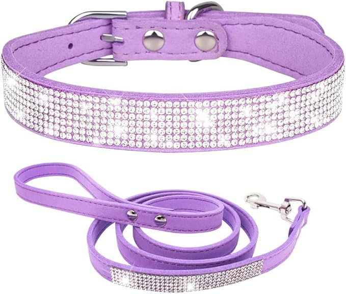 Bling Small Dog Collar Leash Set, Puppy Collar with Rhinestone Crystal Diamond Glitter Female Girls Cat Collars for XXS XS Small Medium Large Dogs Chihuahua Poodle Yorkshire (Purple XXL)
