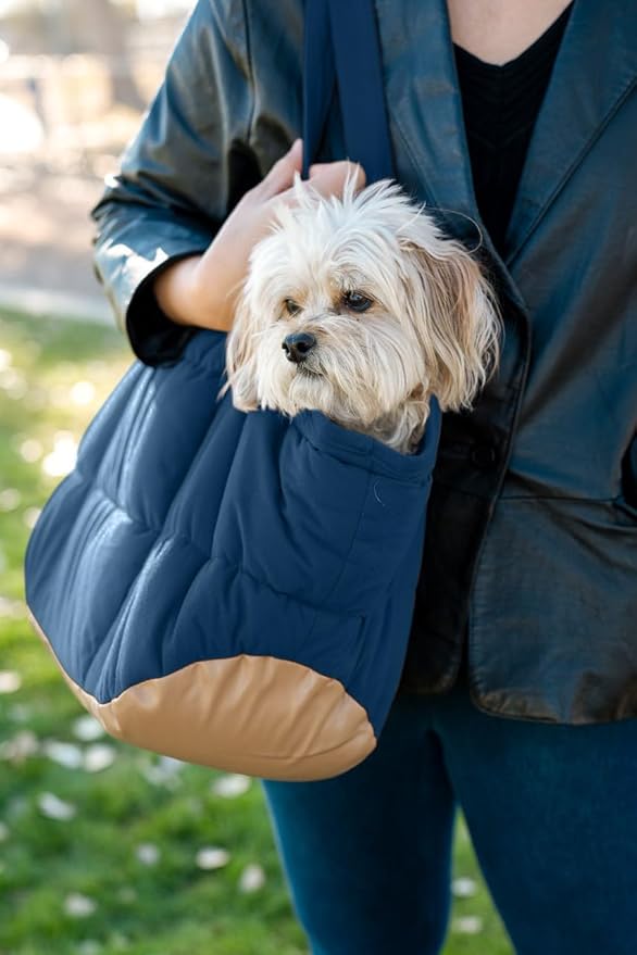 Cozy Plush Pet Carrier Purse - Secure Harness Clip, Lightweight Tote Design for Small Dogs and Puppies (Dark Blue)