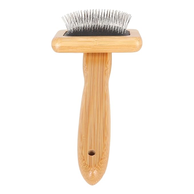 Macrame Slicker Comb with Hole Cushion Finely Polished Bamboo Cleaning Brush Sheepskin Wool Stainless Steel Pins Carding Rug Fur Brushes Long Prongs Pet (12x15.2x4.5cm /