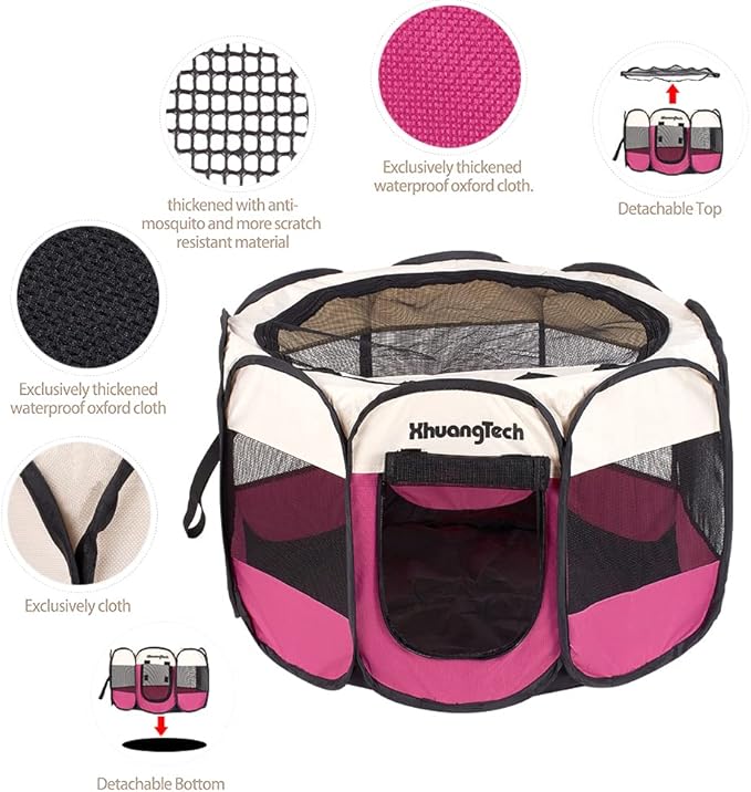 Foldable Pet Dog Playpen, Pop Up Portable Cat Playpen, Indoor/Outdoor for Kitten Puppy Play Pen, Cats Crate Tent with Carrying Bag, 600D Oxford (Rose + Beige, Medium (31.5"x31.5"x23"), 8)