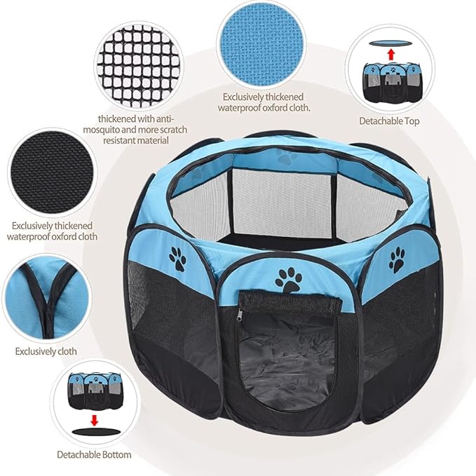 Foldable Pet Dog Playpen, Pop Up Portable Cat Playpen, Indoor/Outdoor for Kitten Puppy Play Pen, Cats Crate Tent with Carrying Bag, 600D Oxford (Sky Blue + Black, Medium (31.5"x31.5"x23"), 8)