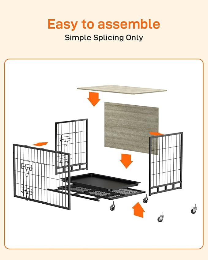 Dog Crate Furniture, Large Dog Kennel with Dual Doors, Removable Tray & 360° Wheels, Indoor Homefor Medium Dogs (Grey & Black, Medium)