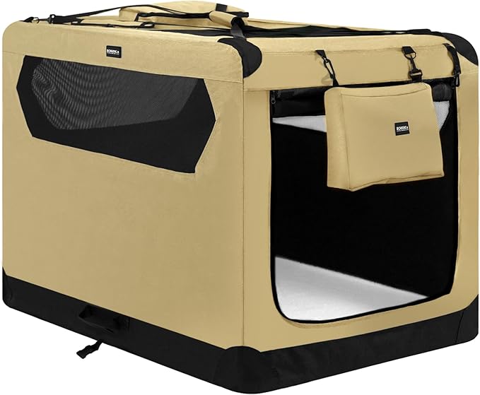 Soft Collapsible Dog Crate for Large Dogs - 42 Inch Foldable Soft Dog Kennel with Durable Mesh Windows, Indoor & Outdoor Portable Travel Dog Crate, Khaki, 42x31x31 Inches