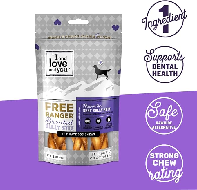 I AND LOVE AND YOU Free Ranger Braided Bully Stix - Beef - Rawhide Alternative, Single Ingredient, Free Range Grass Fed Beef, 6in, 3ct
