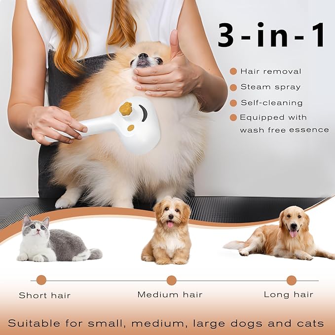 Pet Steam Brush for Dog & Cat – 3-in-1 Spray Hair Removal Comb – Steam Brush for Shedding & Grooming – Spritz Defur Comb – Includes Waterless Shampoo & Dental Wipes