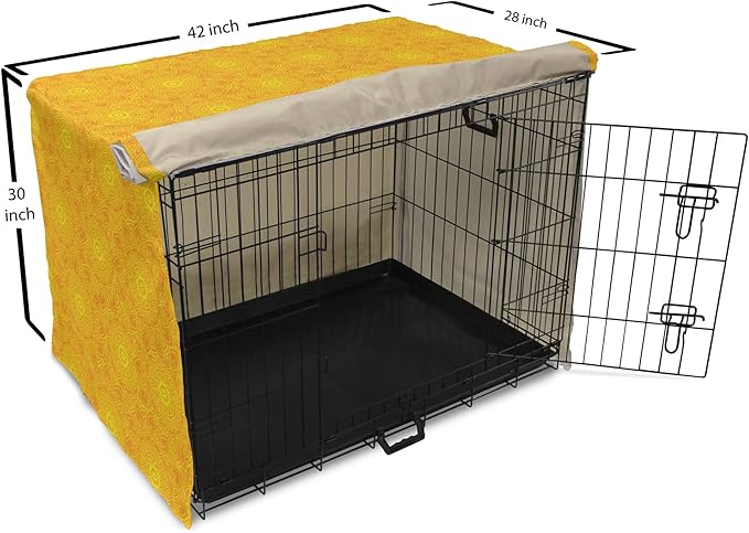 Lunarable Yellow Mandala Dog Crate Cover, Vibrant Colored Abstract Lotus Flowers Native Art Warm Sun Inspired, Easy to Use Pet Kennel Cover for Medium Large Dogs, 42 Inch, Yellow Orange