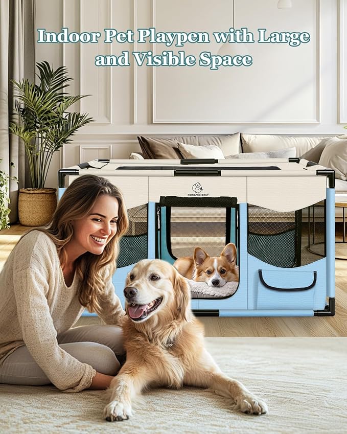 Dog Playpen, Sturdy Puppy Playpens, 32x24x22 Portable Soft Cat Kennel Crate, Indoor & Outdoor Pet Pen with PVC Pipe Frame, Lightweight Cage for Small Animals with Carrying Bag (Blue M)