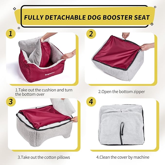BurgeonNest Dog Car Seat for Small Dogs, Fully Detachable and Washable Carseats Under 25, Soft Booster Seats with Storage Pockets Clip-On Leash Portable Travel Carrier Bed Red (dbs-r)