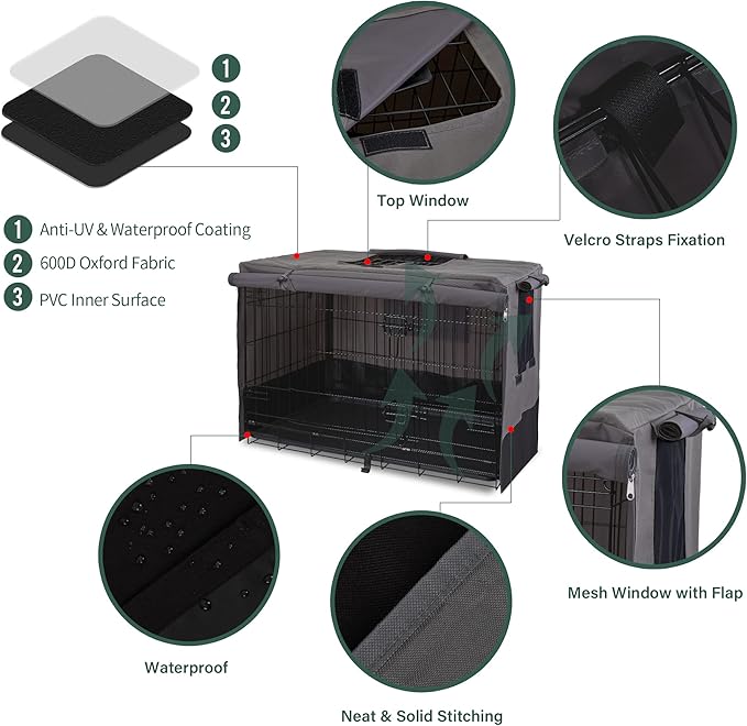 Rachmi Privacy Dog Crate Cover 42 Inch, Durable 600D Canvas Water Resistant Windproof Pet Kennel Cover for Universal Wire Crate with Double Doors, (43”Lx29”Wx31”H, Gray/Black)