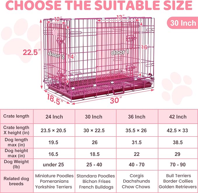 Homey Pet Large Dog Cage, Collapsible Dog Crates for Medium Dogs, Nano-Coating Metal Wire XL Big Dog Kennel Indoor with Removable Floor Grid and Tray, Double Doors, GOLD42+PINK30 Bundle