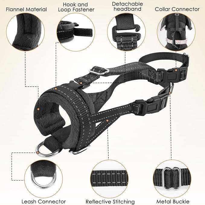 SlowTon Soft Dog Muzzle, Adjustable Padded Nylon Muzzle for Large Medium Dogs Anti Chewing Barking Biting, Allow Dog Pant & Drink(Black,Large