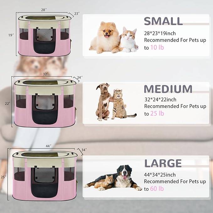 Portable Dog Playpen,Foldable Dog Cat Kennel Tent Cage,Dog Cat Rabbit Crates for Travel Water-Resistant Breathable Shade Cover,Indoor Outdoor Travel Camping Use for Small Puppy Pet Pink L