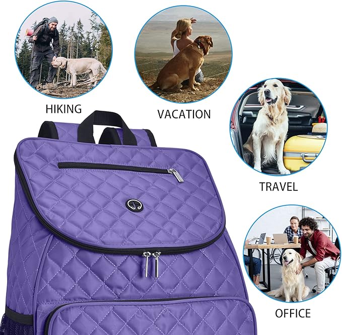 BAGLHER Dog Travel Bag Airline Approved Pet Supplies Backpack, Dog Travel Backpack with 2 Silicone Collapsible Bowls and 2 Food Baskets Purple