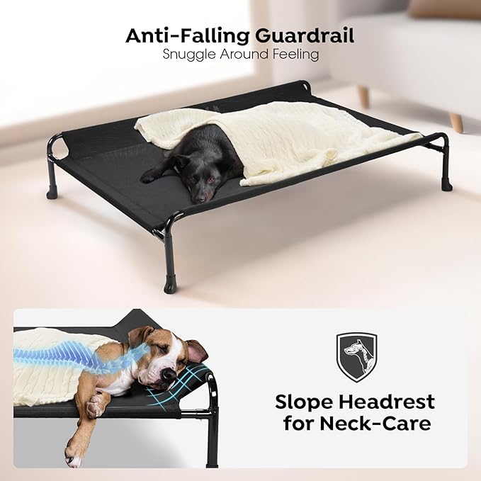 Veehoo Cooling Elevated Dog Bed, Raised Dog Beds for Large Dogs, Outdoor Dog Bed with Guardrail, Upgraded Non-Slip Feet, Breathable Teslin Mesh, Portable Camping Dog Cot, X-Large, Black, CWC2404
