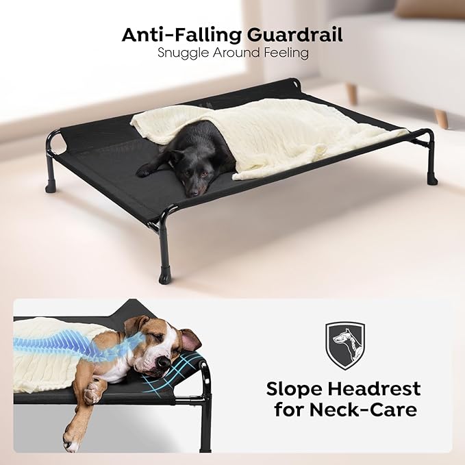 Veehoo Cooling Elevated Dog Bed, Raised Dog Beds for Large Dogs, Outdoor Dog Bed with Guardrail, Upgraded Non-Slip Feet, Breathable Teslin Mesh, Portable Camping Dog Cot, Large, Black, CWC2404