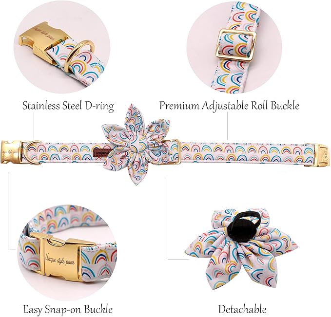 Uniqe Style Paws Flower Dog Collar, Adjustable Dog Collar with Flower, Durable Rainbow Floral Pattern Pet Collar for X-Large Dogs