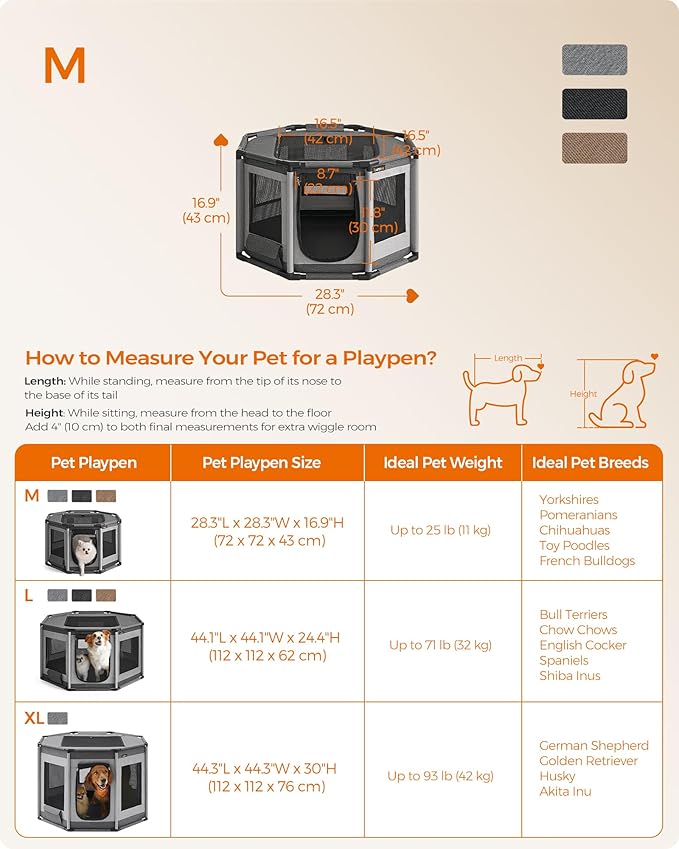 Feandrea Dog Playpen, Oxford Fabric Dog Fence, Octagon Dog Crate, M, 28.3 x 28.3 x 16.9 Inches, PVC Pipe Frame, Breathable Mesh, Double Openings, Dove Gray and Slate Gray UPDC002G01
