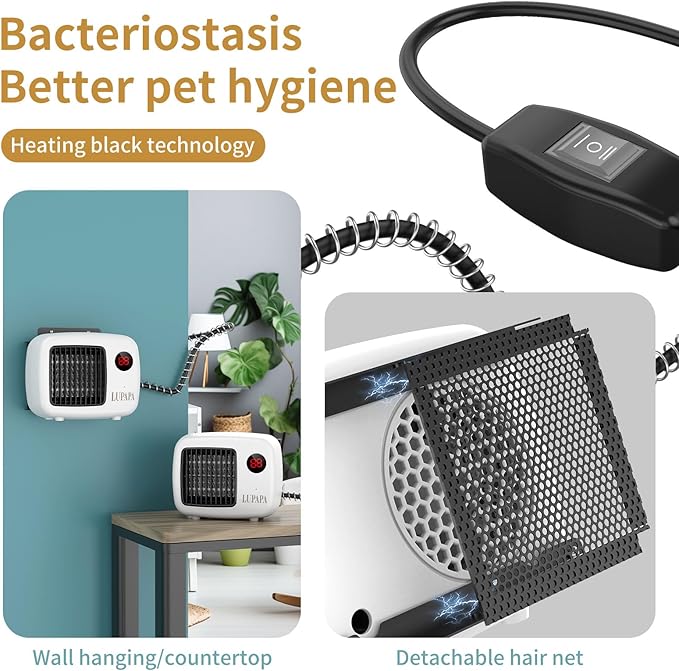 Thermostatic Dog House Heater with Anti-Bite Wires, Wall-Mounted Pet Heater with 2 Wind Speed Modes (300W/600W), Suitable for Pet House Stoves for Dogs Cats Chickens Hamsters