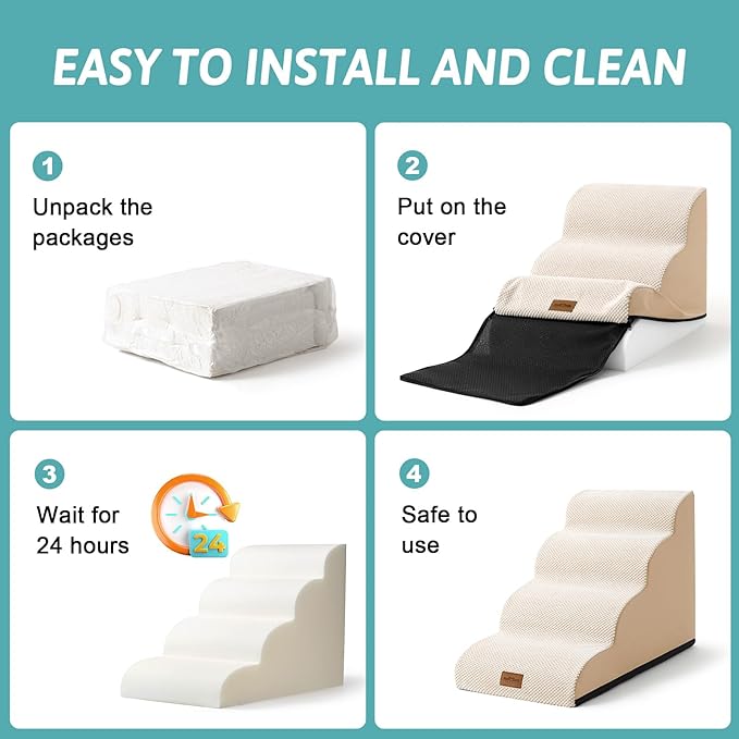 Dog Stairs for High Bed 22.6" H, Small Pet Steps with Leakproof Cover, High Density Foam Cat Ramp for Bed, Car or Couch, Lightweight, Durable, Comfort, 15.7x33x22.6 inch, 5 Tiers, Beige