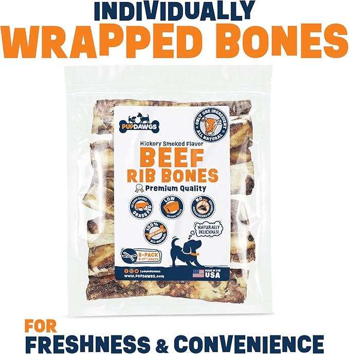 Single Ingredient Dog Bones - Made in USA – 8-10” Beef Rib Bones - Natural Dog Bones for Aggressive Chewers - from USDA Inspected Beef - Hickory Smoked - Individually Wrapped (8 Piece Pack)