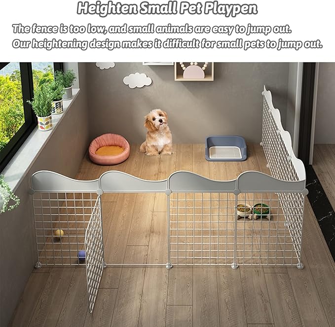 Fhiny Small Animal Playpen, Portable Rabbit Fence Indoor Metal Wire Yard Fence Guinea Pig Cage Playpen Metal Enclosure for Rabbit Guinea Pig Chinchilla Hamster Puppy Kitten with 12 Panels (White)