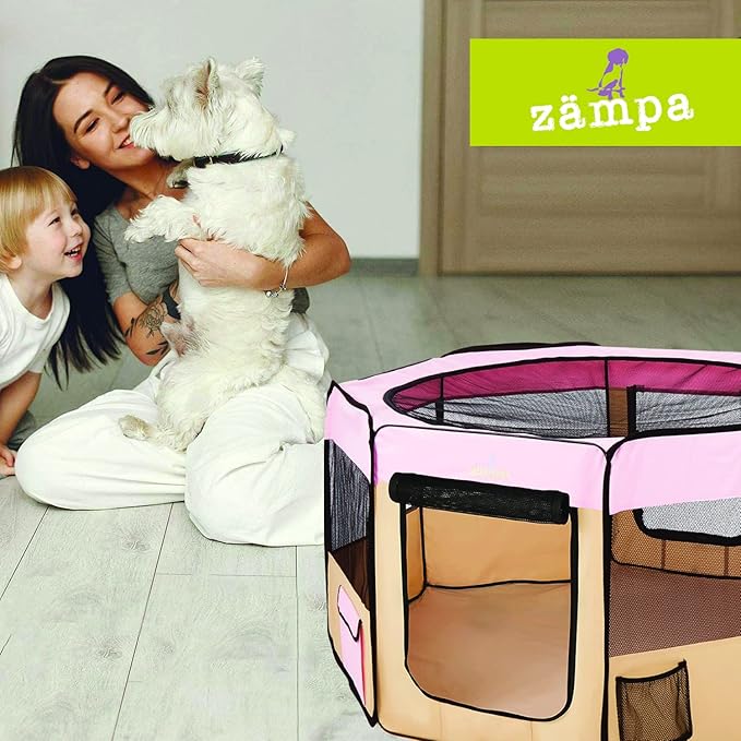 Zampa Dog Playpen Medium 45"x45"x24" Pop Up Portable Playpen for Dogs and Cat, Foldable | Indoor/Outdoor Pen & Travel Pet Carrier + Carrying Case.