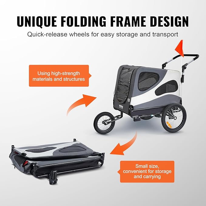 VEVOR Dog Bike Trailer, Supports up to 66/88/100 lbs, 2-in-1 Pet Stroller Cart Bicycle Carrier, Easy Folding Cart Frame with Quick Release Wheels, Universal Bicycle Coupler, Reflectors, Flag
