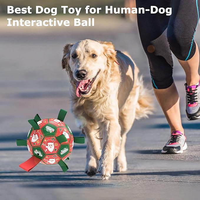 QDAN Christmas Dog Soccer Balls with Straps, Interactive Dog Toys for Tug of War, Puppy Birthday Gifts, Dog Tug Toy, Dog Water Toy, Durable Dog Balls for Small & Medium Dogs(6 Inch)