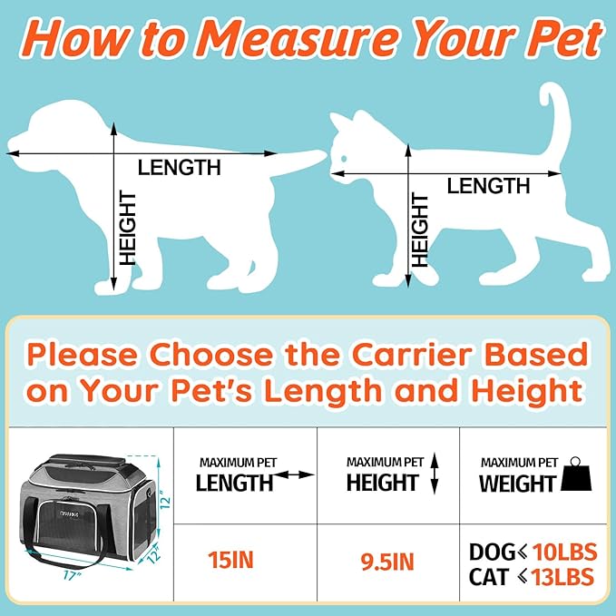 Petskd Top-Expandable Pet Carrier 17x12x8.5 Inches JetBlue Frontier Spirit Airline Approved, Soft-Sided Carrier for Small Cats and Dogs with Locking Safety Zippers and Anti-Scratch Mesh(Grey)