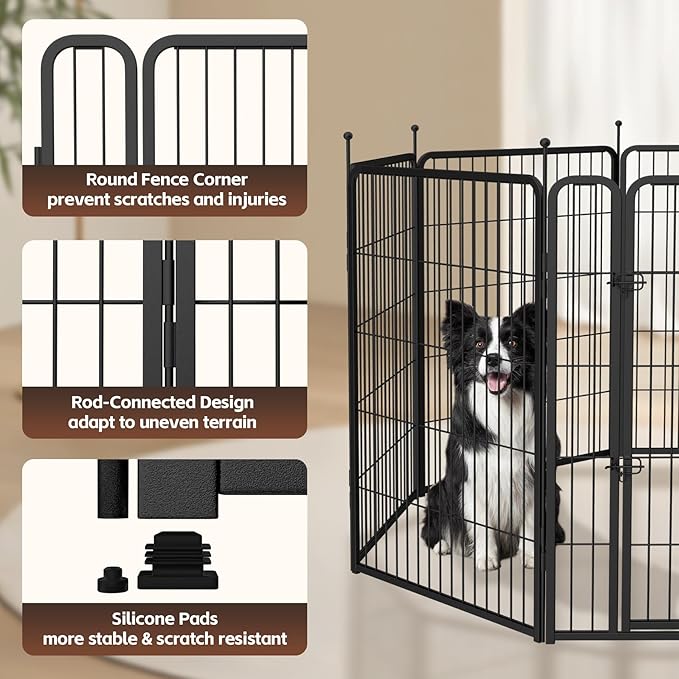 MESTYL Dog Door for Wall and Dog Play Pen Indoors, Heavy Duty Metal Puppy Playpen, Portable Dog Exercise Pen Temporary Pet Fence with Gate, 32" Height 8 Panels