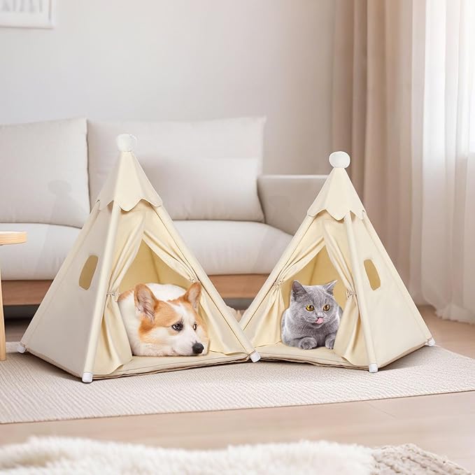 Pet Teepee Tent House for Large Cat & Small Dogs 20x20x20in, Small Dog House for Pugs, Large Cat House for Fat Cats, More Stable, Indoor, M for Pets Up to 20lbs, White