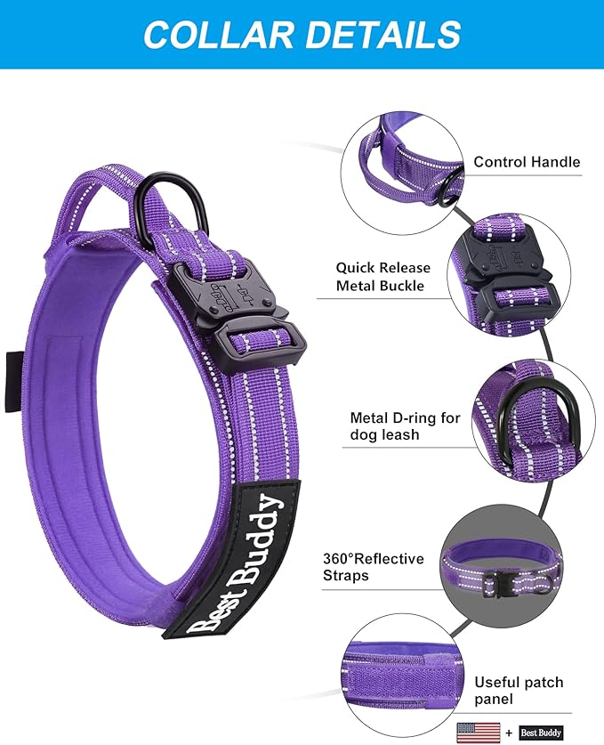 AUBELL Tactical Dog Collar and Leash Set, Adjustable Military Nylon Reflective Dog Leash and Collar with Handle and Heavy Metal Buckle for Medium Large Dogs, with Airtag Case and 2 Patches(Purple, L)